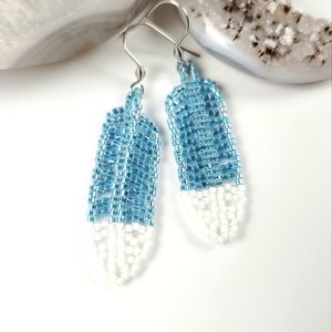 Beaded Feather Earrings Teal and White Small